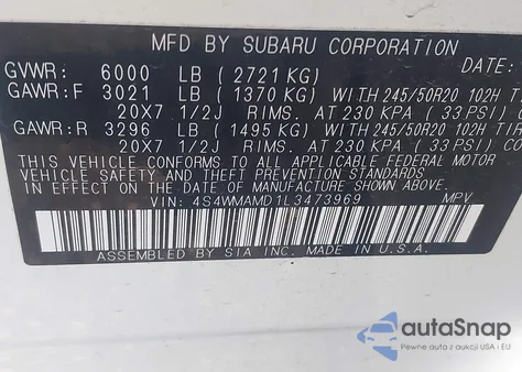 2020 Subaru Ascent Limited z USA, uszkodzony, nr VIN 4S4WMAMD1L3473969